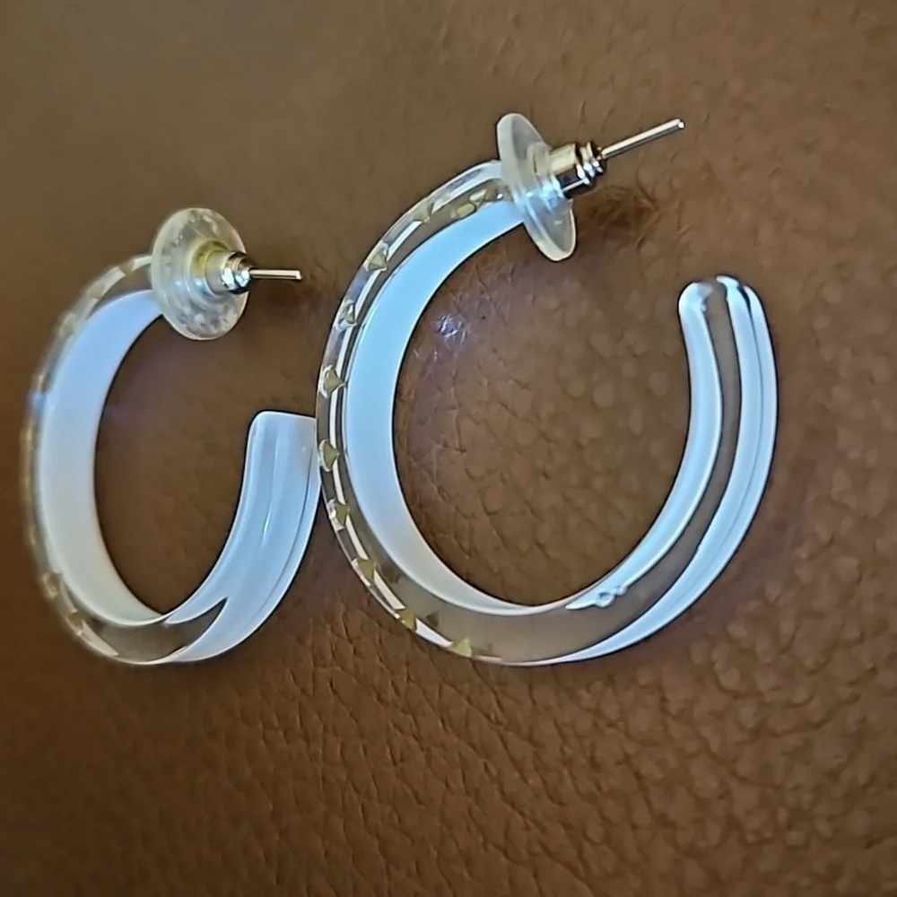 Vtg White Rhinestone Acrylic Hoop Earrings